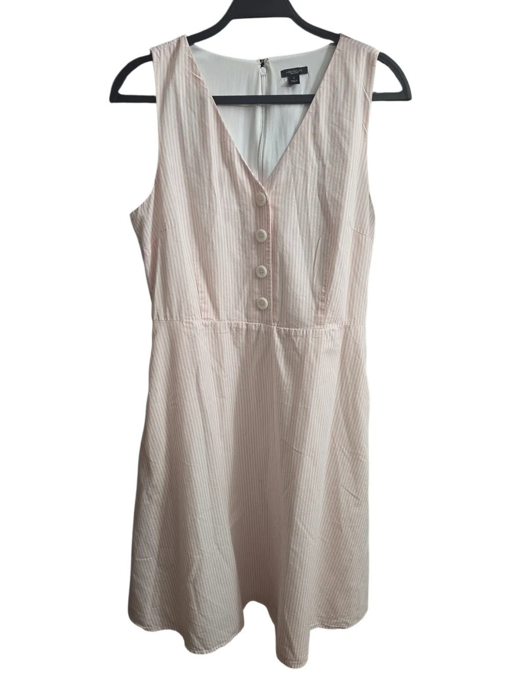 #281.Ann Taylor Factory Pink Striped V-Neck Flared Pockets Midi Dress - Picture 2 of 8